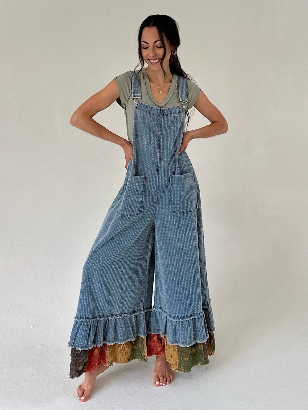 New: POL “Bryn” Textured Striped Wide Leg Colorful Ruffle Hem Boho Overalls• M